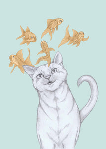 cat with flying fishes